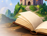 An open storybook with a magical castle and rolling hills rising from its pages